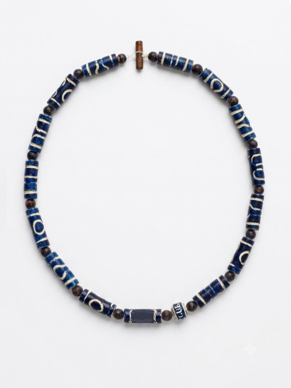 Vintage Artisanal Hand-Painted Blue & White "CUBA" Wooden Bead Choker Necklace